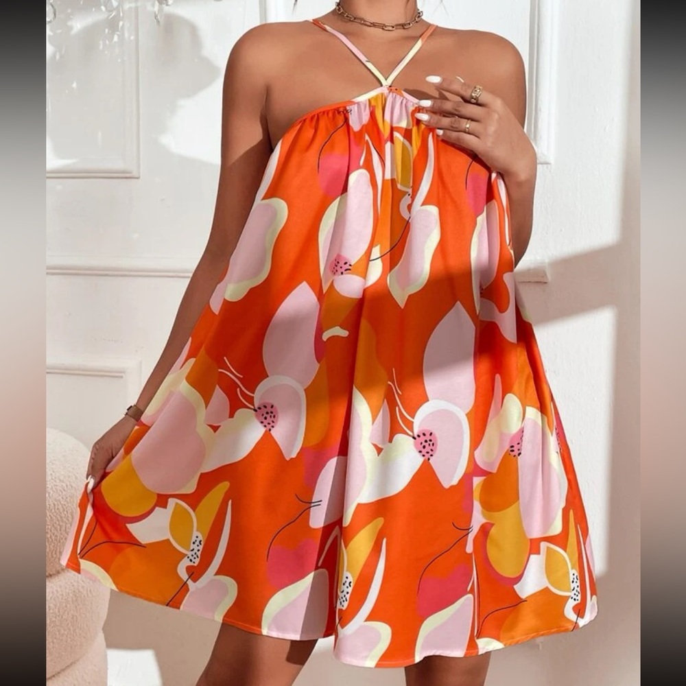 Boho Abstract Print Halter Dress Red - Picture 1 of 6
